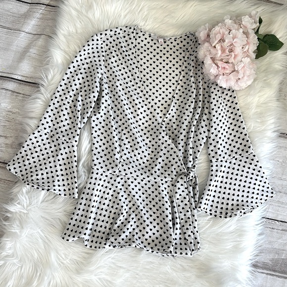Candie's Tops - Women Chiffon Sleeve Wrap Front Polka Dots Business Casual Flowy Blouse Size XS